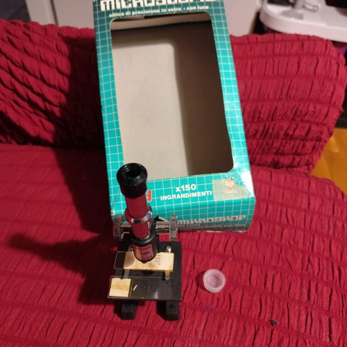Vintage microscope used, toy with box, missing parts