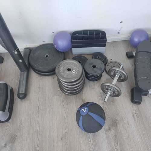 X-Fit fitness equipment set with bench, exercise bike and treadmill