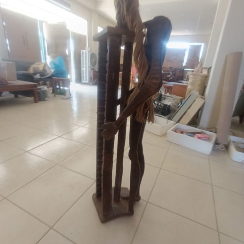 Vintage handmade ethnic wooden CD stand statue
