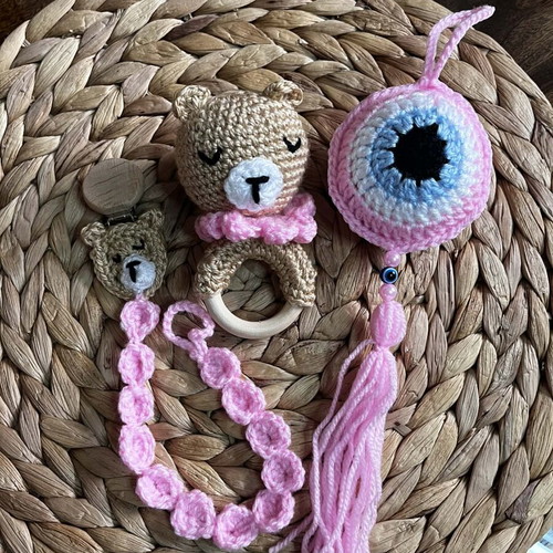 Handmade baby set new with rattle, teether, and pacifier clip