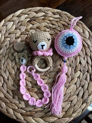 Handmade baby set new with rattle, teether, and pacifier clip
