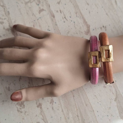 Handmade leather bracelets set of 2 new, pink and brown with gold accents
