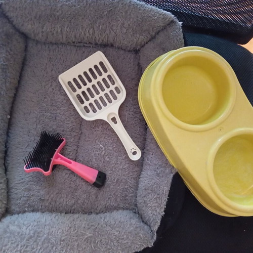 Pet bed, feeder, scoop and brush used set