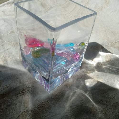 Crystal vase handmade aqua marina new with decorative glass beads