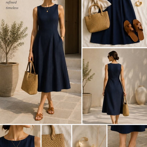Classic dark blue linen dress with stripes FIDÈLE