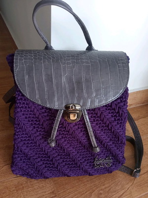 Handmade knitted backpack bag new, gray-purple