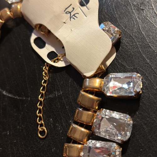 Necklace with rhinestones and extension chain, new, gold-colored