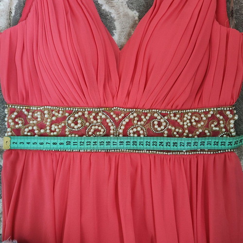 Maxi dress like new coral/salmon with gold lace and pearls, size 40