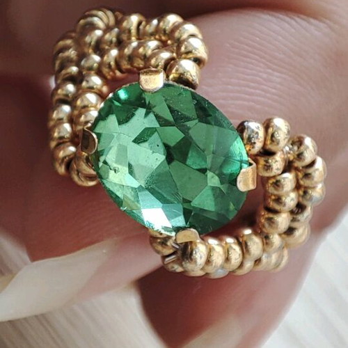 Handmade ring new with golden beads and green centerpiece, size 17