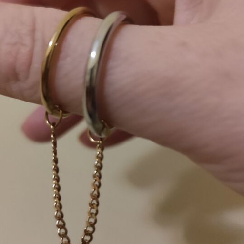 Two-tone ring new with two bands and chain, sizes 10 and 9, stainless steel
