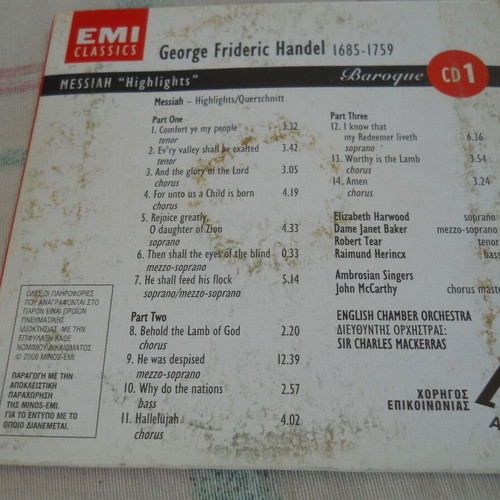 George Frideric Handel Messiah Highlights Baroque CD 1