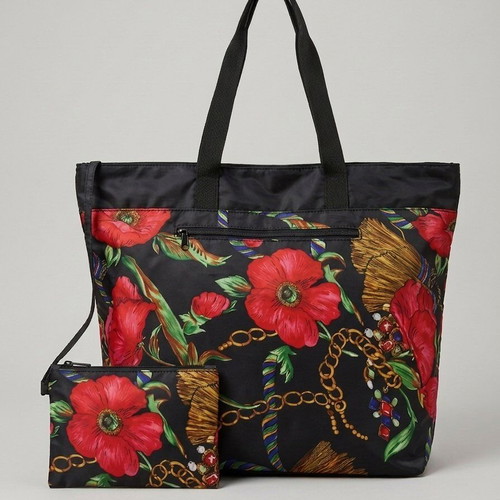 Women's large shoulder bag used, black with flowers