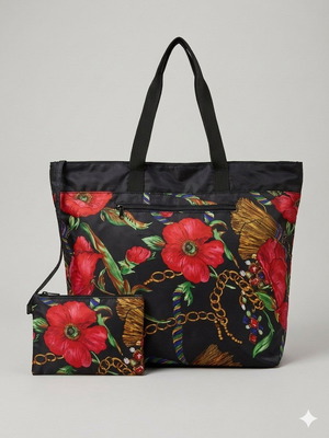 Women's large shoulder bag used, black with flowers