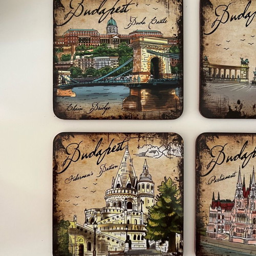 Coasters from Budapest set of 6 with cork back, new