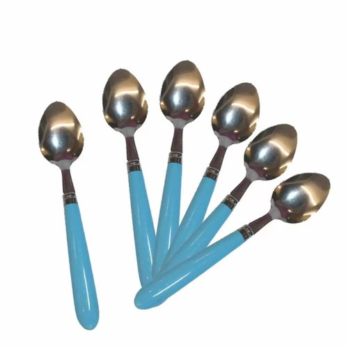 Metal teaspoons 15.5cm blue with plastic handle set of 6 new