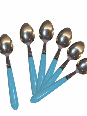 Metal teaspoons 15.5cm blue with plastic handle set of 6 new