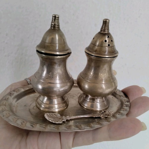 Vintage silver-plated salt and pepper shaker set with tray