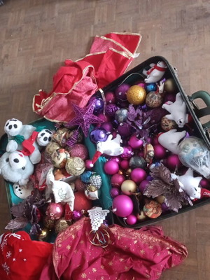 Vintage Christmas suitcase with decorations and Coca-Cola bears, used