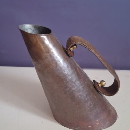 Vintage handmade copper pitcher with leather handle, like new