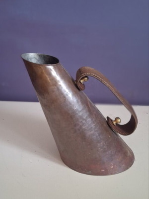 Vintage handmade copper pitcher with leather handle, like new