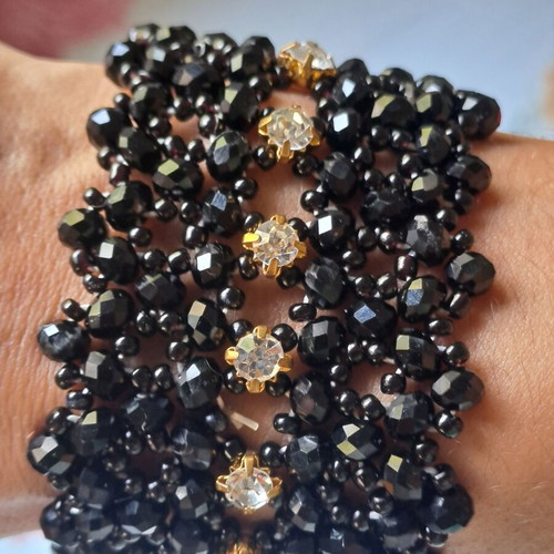 Handmade cuff bracelet with black crystal beads and rhinestones