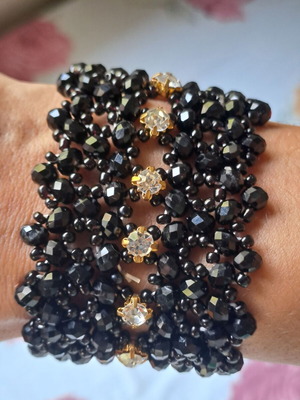 Handmade cuff bracelet with black crystal beads and rhinestones