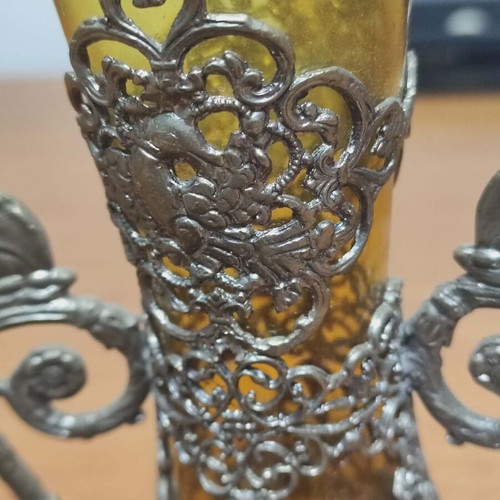 Gianniotiko vintage canataki used, amber blown glass with tin filigree