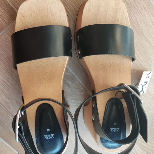 Zara wooden clogs sandals platform leather boho chic summer 38