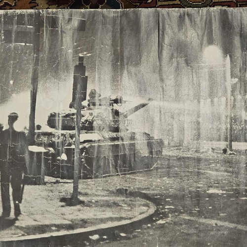 Poster with tanks outside Polytechnic used, 1970s decade