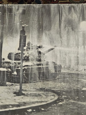 Poster with tanks outside Polytechnic used, 1970s decade
