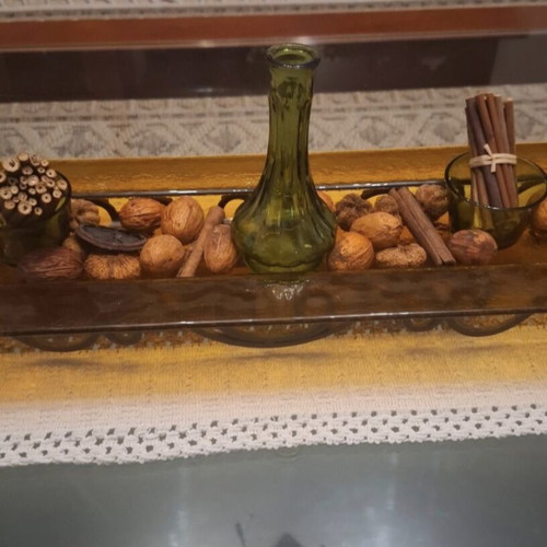 Decorative glass platter with metal base Trimar like new