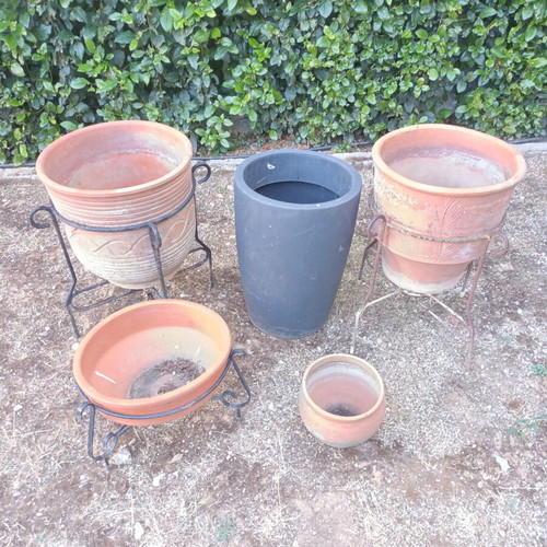 Clay and Plastic Flower Pots Used, Set of 6 with Metal Bases