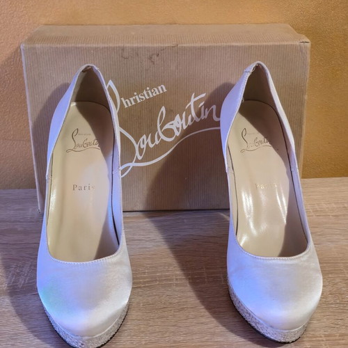 Christian Louboutin women's ivory satin high heels with Swarovski crystals