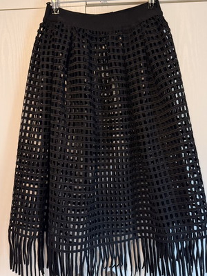 Zini black top and midi skirt set with geometric cut-out design and fringes like new