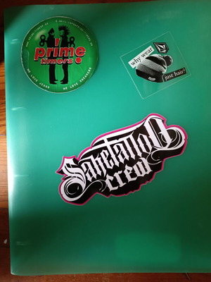 Plastic folder used with advertising stickers