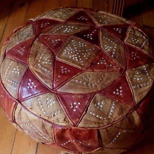 Moroccan handmade pouf from genuine leather used