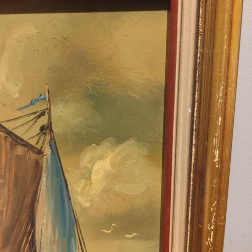 Seascape with Sailing Kaiki Used Oil Painting