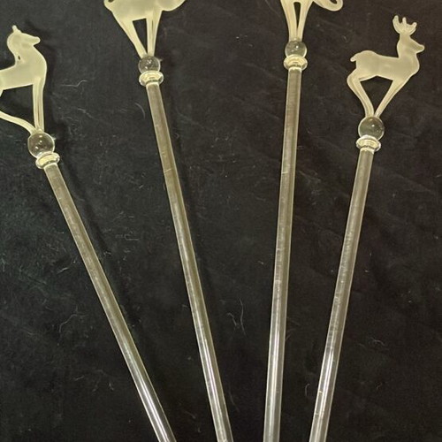 Crystal drink stirrers with animals, set of 4, new