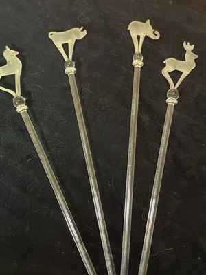 Crystal drink stirrers with animals, set of 4, new