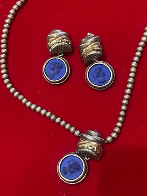 Комплект камея колие и обеци сребро злато 925 585 винтидж употребяван