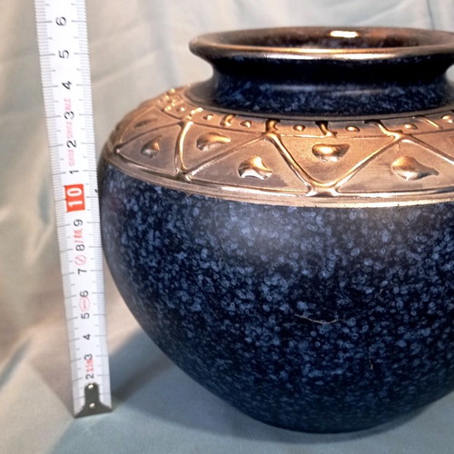 Vintage ceramic vase blue crackle with embossed silver decoration 16 cm