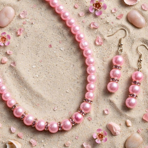 Handmade pink beaded necklace and earrings set new