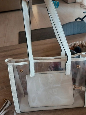 Transparent white bag used, shoulder and hand