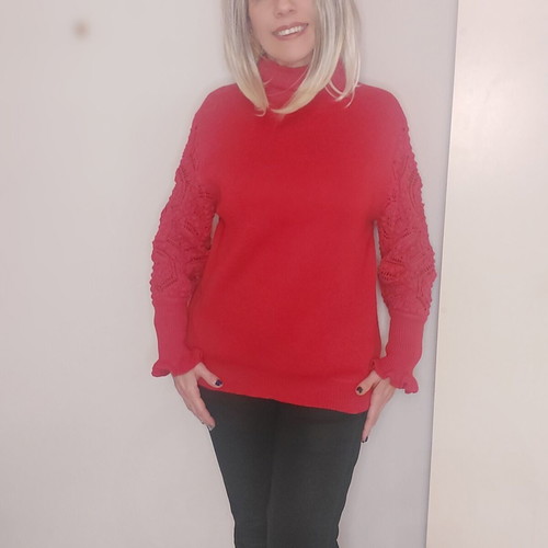 Women's red sweater new, size M with turtleneck and lace sleeves