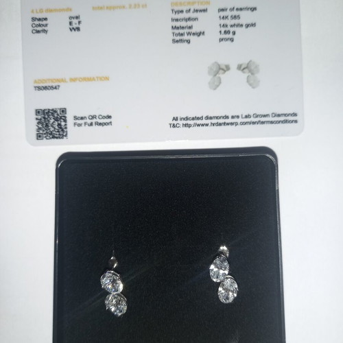 Diamond earrings certified, 14k white gold, 2.23 CT total