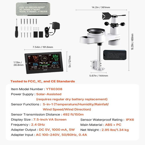 Vevor 5-in-1 Wi-Fi Weather Station with Sensor and 190.5 mm Display