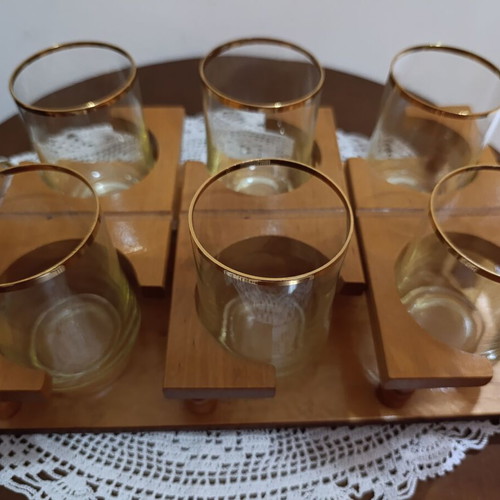 Vintage tray with 6 glasses new, wooden with crystal glasses