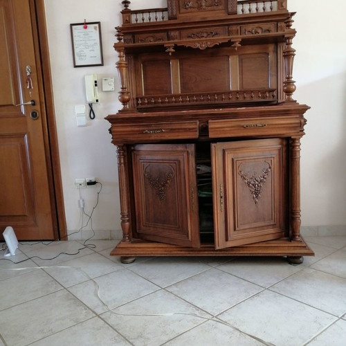 French antique cabinet used, solid carved walnut with marble