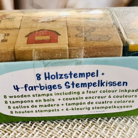 Moses wooden farm stamp set used, 8 pieces with ink pad