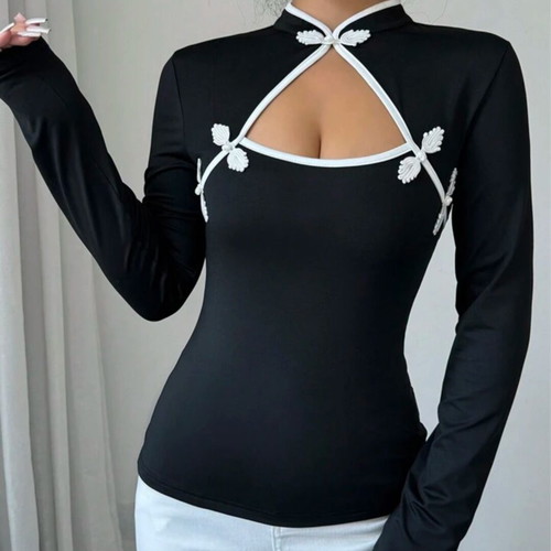 Shein women's blouse new, black with white decorative details